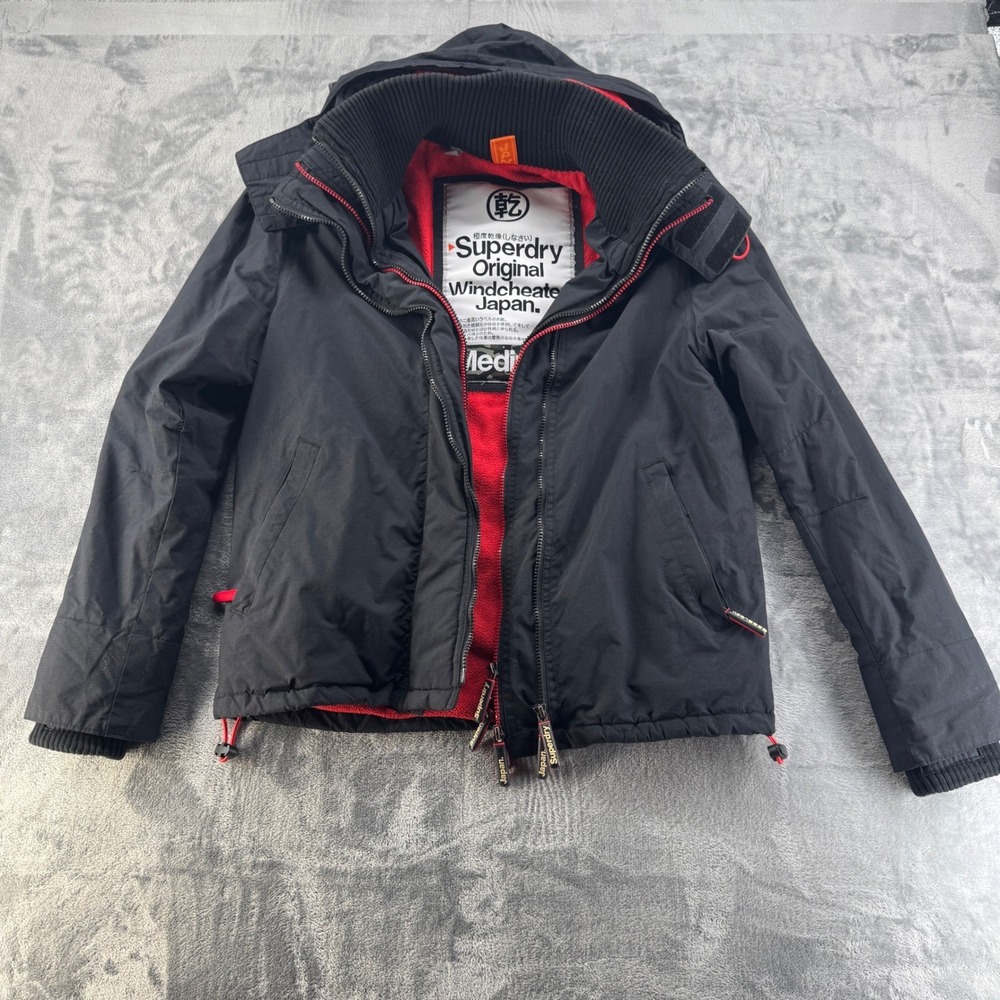 Superdry Original Windcheater Japan Hooded Jacket Black‎ Red Fleece Mens Medium
